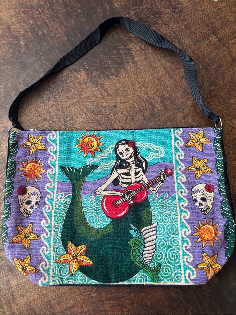 Day of the Dead Mermaid Guitar Crossbody Bag Colorful Skull Boho